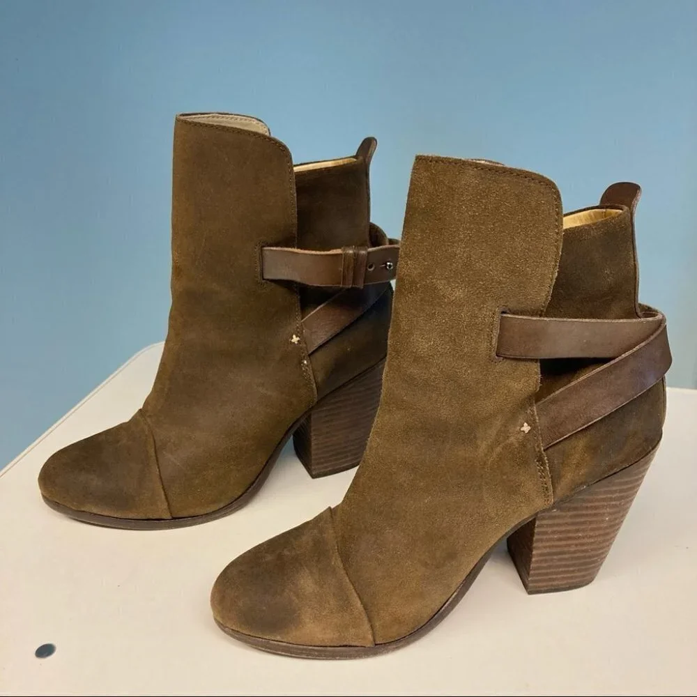 RAG & BONE Sz 38 Harrow Suede Tan Brown Booties w/ Straps Stalked 3.5” Heel - Picture 4 of 10